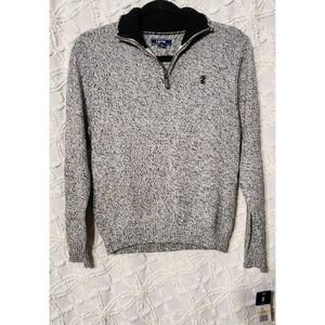 Izod Boys Quarter Zip Sweater Sz M 10 / 12 Black Ivory Preppy Schoolboy Speckled